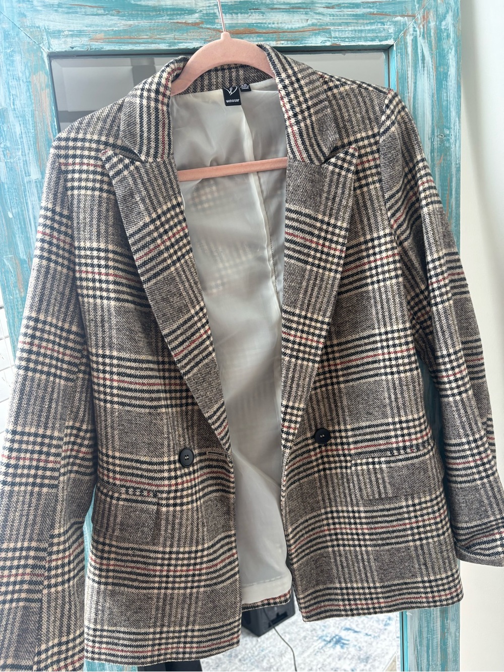 Plaid Double-Breasted Women’s Blazer Jacket - Neutral Plaid